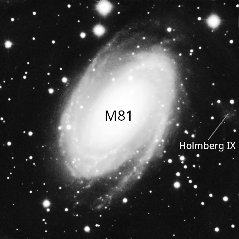 La galaxie naine Holmberg IX sur une version noir et blanc de M81